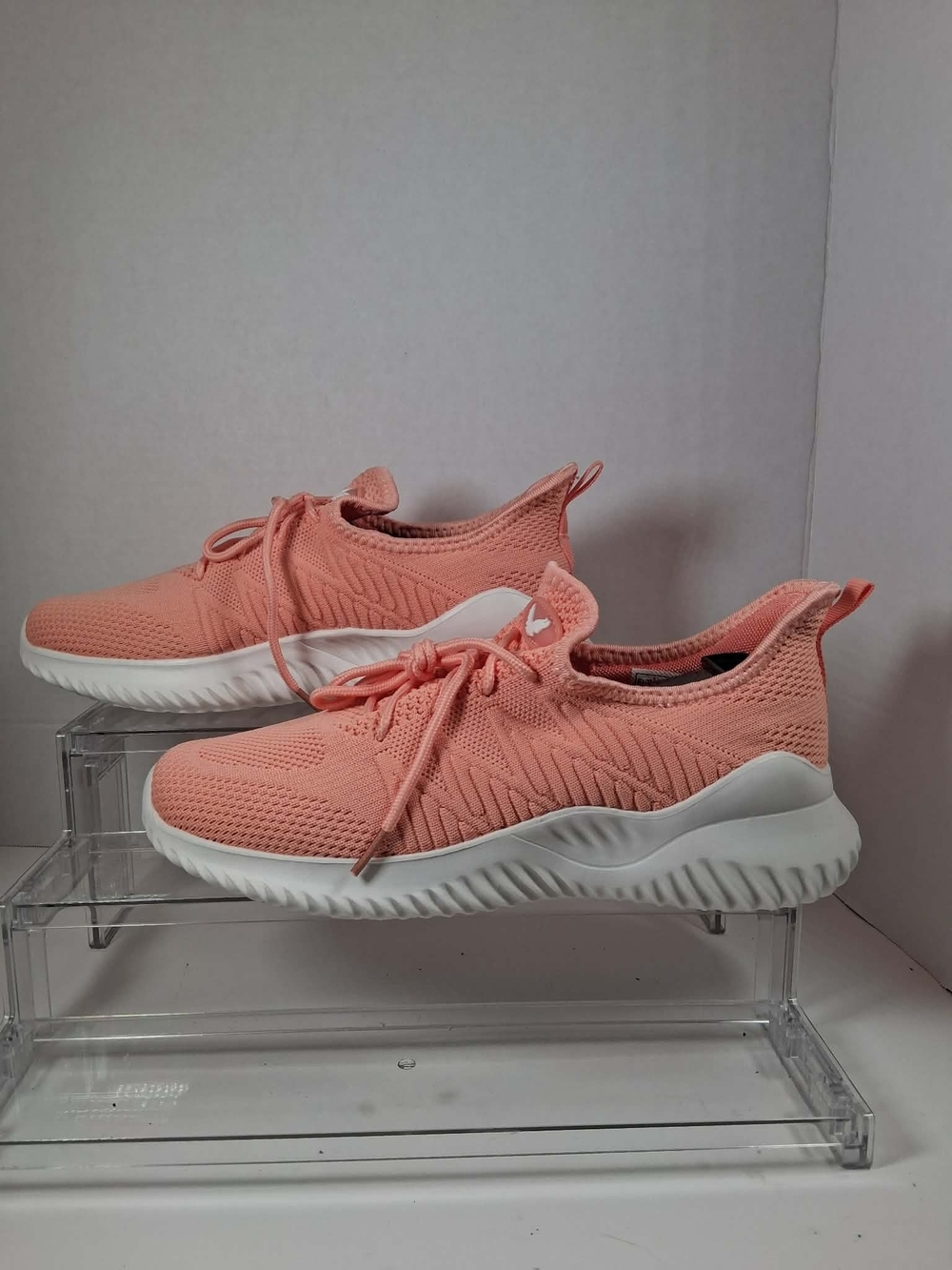 Women's Pink Coral Whlte Knit Mesh Low Top Lace Rubber Outsole Breathable Sz:7:5